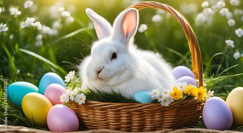 Cute white fluffy rabbit in a basket with Easter eggs