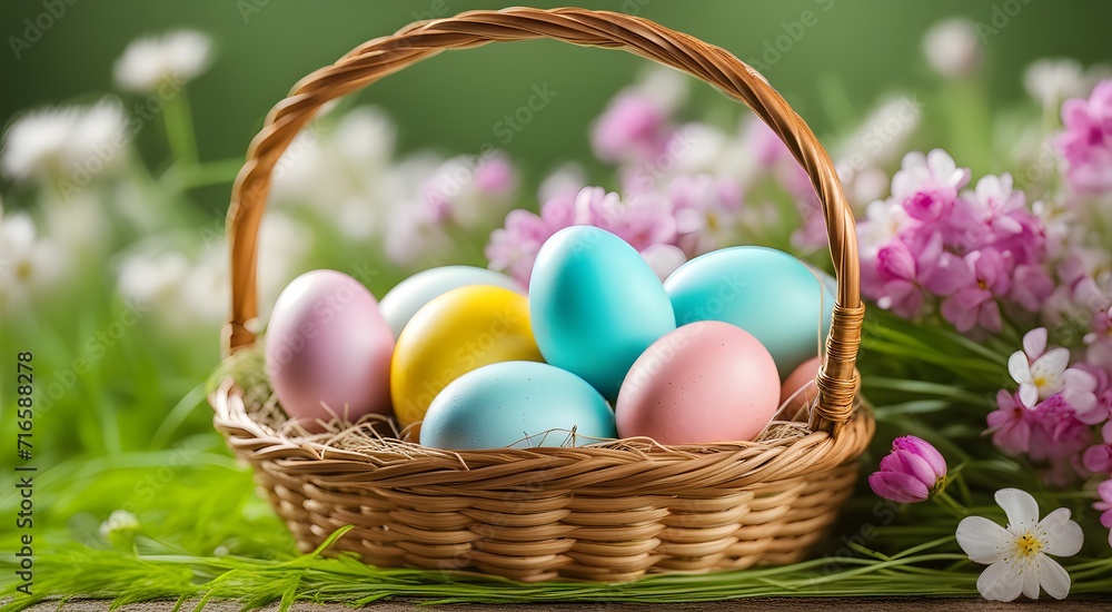 Wicker basket with Easter eggs and flowers