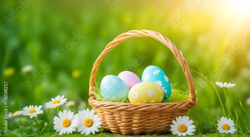 Wicker basket with Easter eggs and daisies