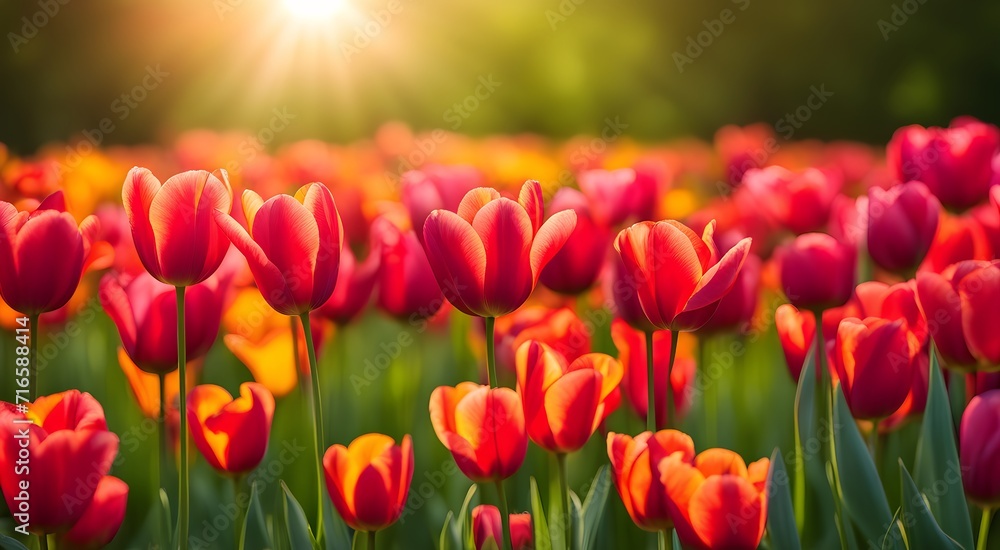 Blooming field with red tulips