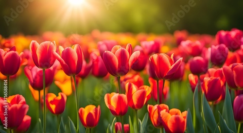 Blooming field with red tulips
