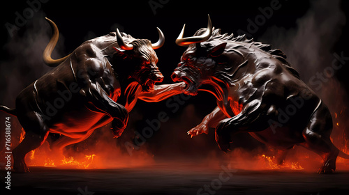 Two sculptures of bulls fighting over a fire pit in a dark room with a black background © junaid
