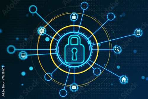 Wallpaper Mural Cybersecurity network protection with central lock icon on dark blue background. 3D Rendering Torontodigital.ca