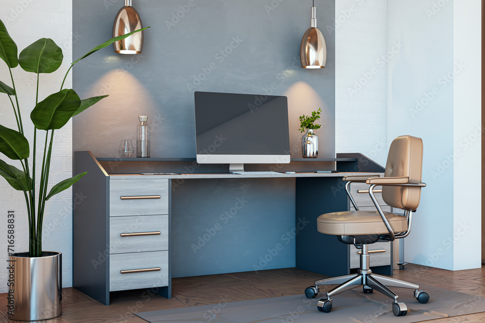 Fototapeta premium Close up of modern home workplace with computer monitor and reflections. 3D Rendering.