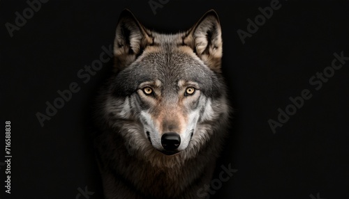 scary dark gray wolf canis lupus direct eye contact in the dark looking at the camera on a black background © Heaven