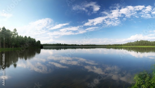 sky reflects from lake at summer day
