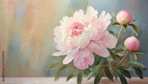 large art peony painted on a textured background in pastel shades merge photomurals into the rooms or the interior of the house photo