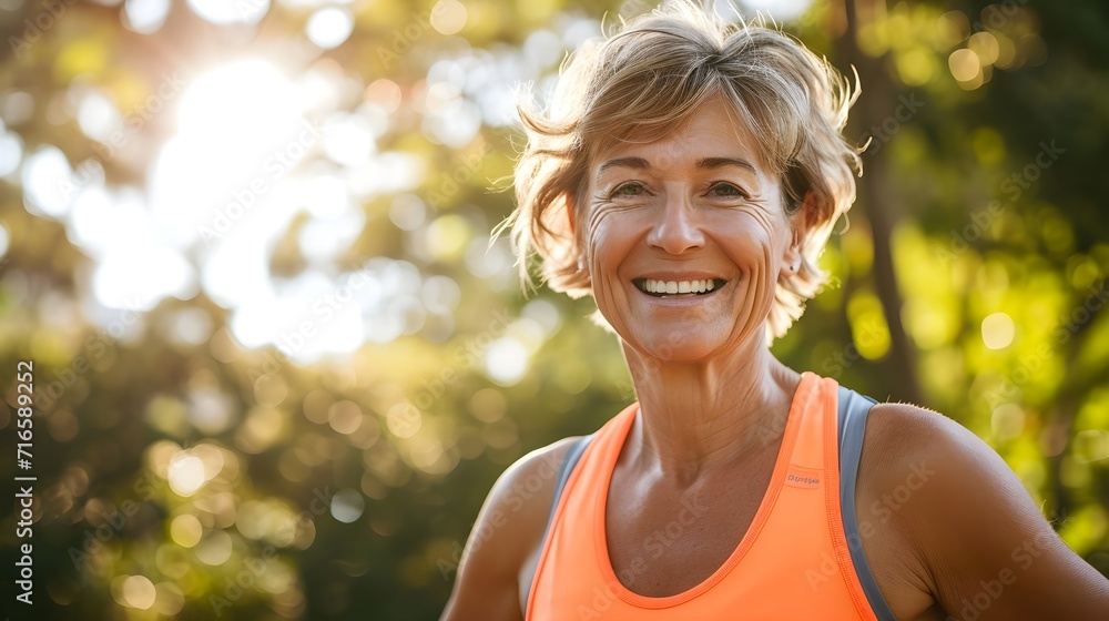 Portrait of smiling mature woman in sportswear standing in park in a sunny day Portrait of smiling mature woman in sportswear standing in park in a sunny day