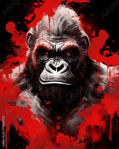 Artistic gorilla t-shirt design with red paint splashes, suitable for 2d game art and poster art © Ameer