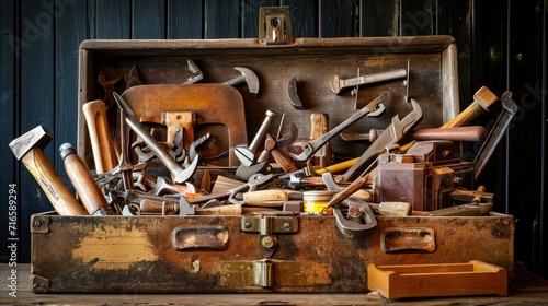 A worn toolbox overflowing with vintage tools, each one with its own story to tell, a testament to craftsmanship and the hands-on spirit of a bygone era,