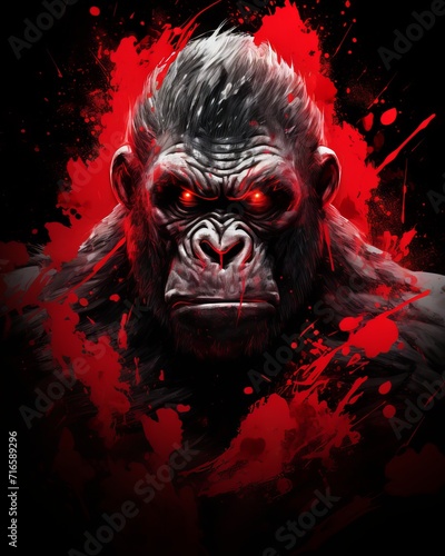Artistic gorilla t-shirt design with red paint splashes, suitable for 2d game art and poster art