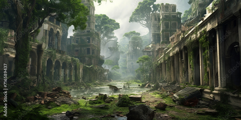 ruins of an ancient city overgrown with jungle