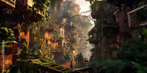 ruins of an ancient city overgrown with jungle