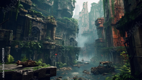 ruins of an ancient city overgrown with jungle
