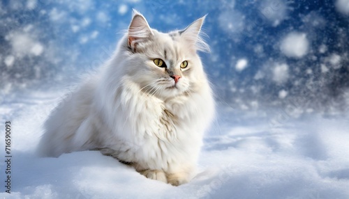 beautiful white fluffy turkish angora cat on snow background © Lucia