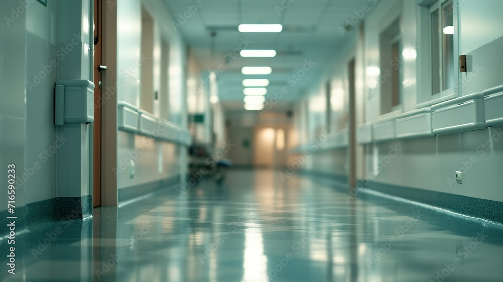Long hospital corridor of the reception polyclinic. Created with Generative Ai technology. - obrazy, fototapety, plakaty 