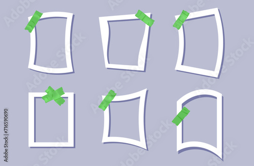 Picture frames taped with shadow. Photo border with scotch. Vector illustration