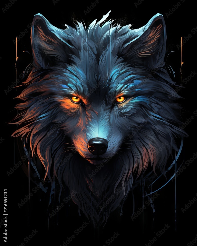 Fierce wolf painting on black t-shirt background - unique furry art design for apparel - striking wildlife illustration in high resolution Fierce wolf painting on black t-shirt background - unique furry art design for apparel - striking wildlife illustration in high resolution