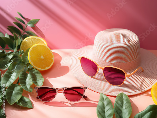 Summer flat lay background, on pink