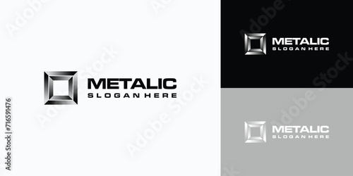 Metal box vector logo design with transparent three-dimensional effect.