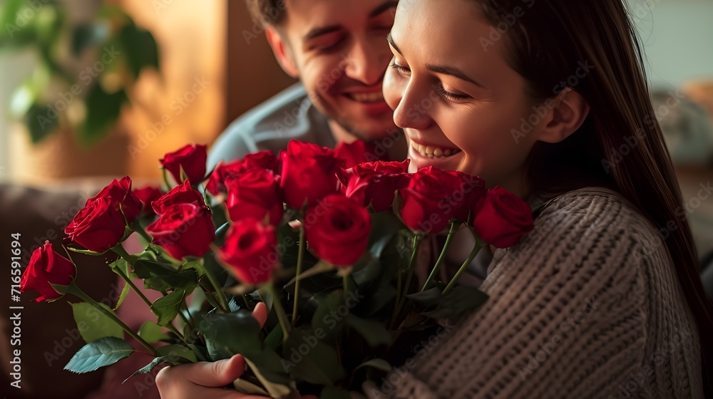 happy man giving bouquet of red roses to girlfriend
happy man giving bouquet of red roses to girlfriend