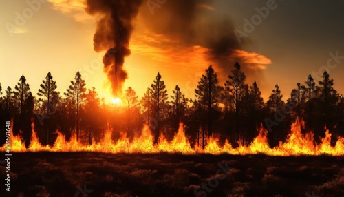 development of forest fire on sunset background