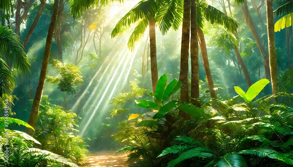 tropical jungle where you can see glimpses of light art drawing on a textural background photo wallpaper