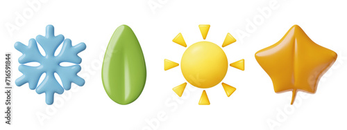 Four seasons 3d icons set - spring, summer, autumn and winter three dimensional minimal signs. Realistic vector illustration.