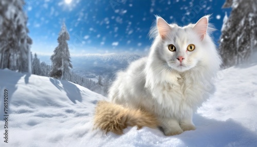 beautiful white fluffy turkish angora cat on snow background photo