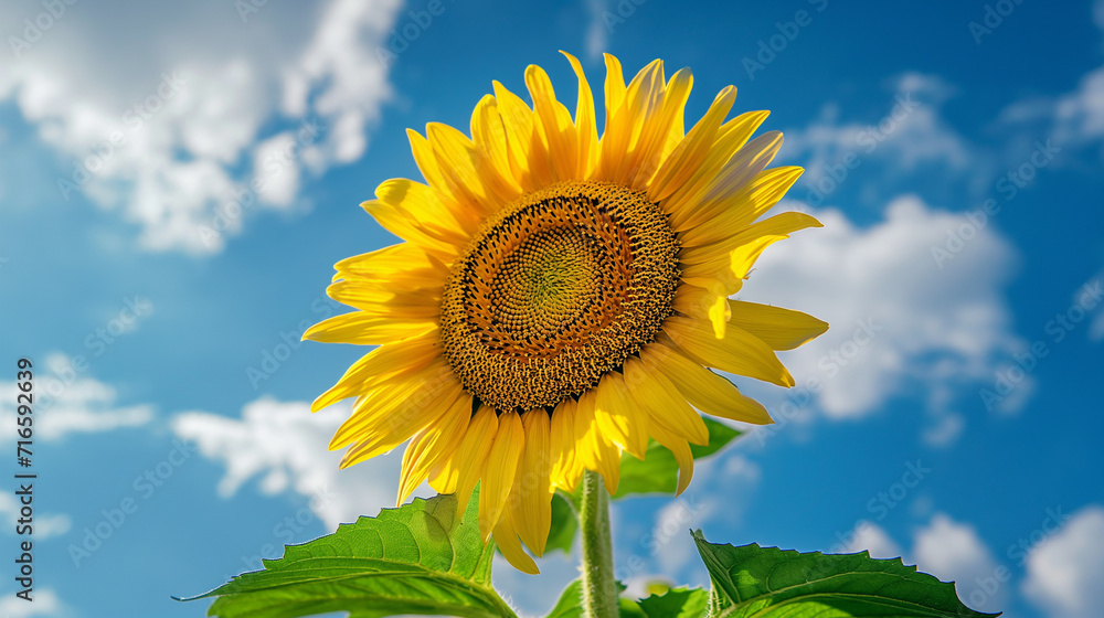 A bright sunflower from below, with blue sky. generative AI A bright sunflower from below, with blue sky. generative AI