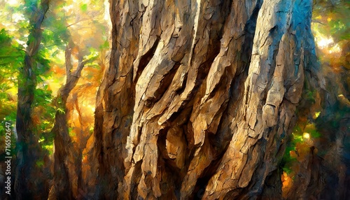 a digital painting of a tree's bark texture, emphasizing the play of light and shadow on the surface to convey depth and realism. 