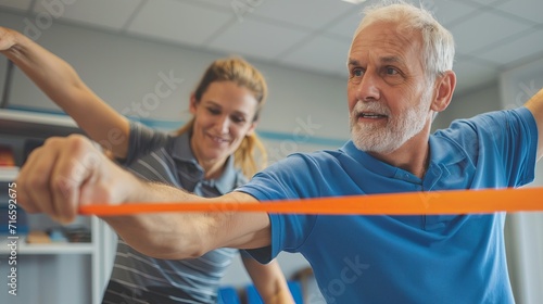 Man doing physical therapy exercises near doctor
