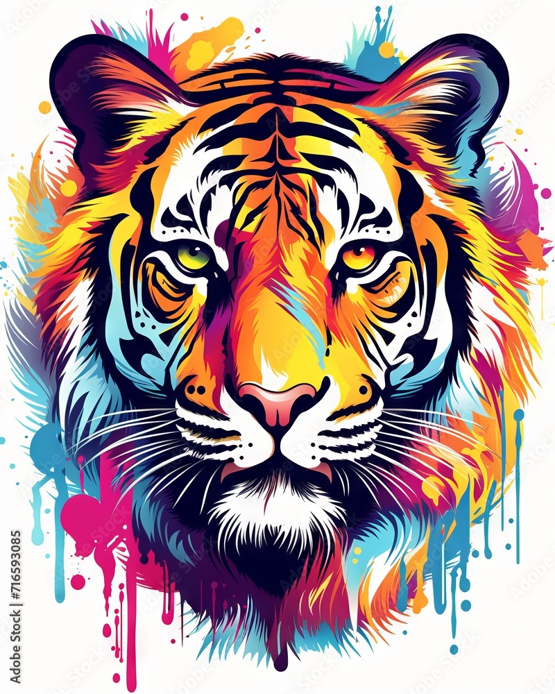 Tiger illustration stickers in vivid and pastel colors on a white background for t-shirt design