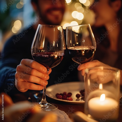Couple toasting with red wine at romantic dinner, close up
