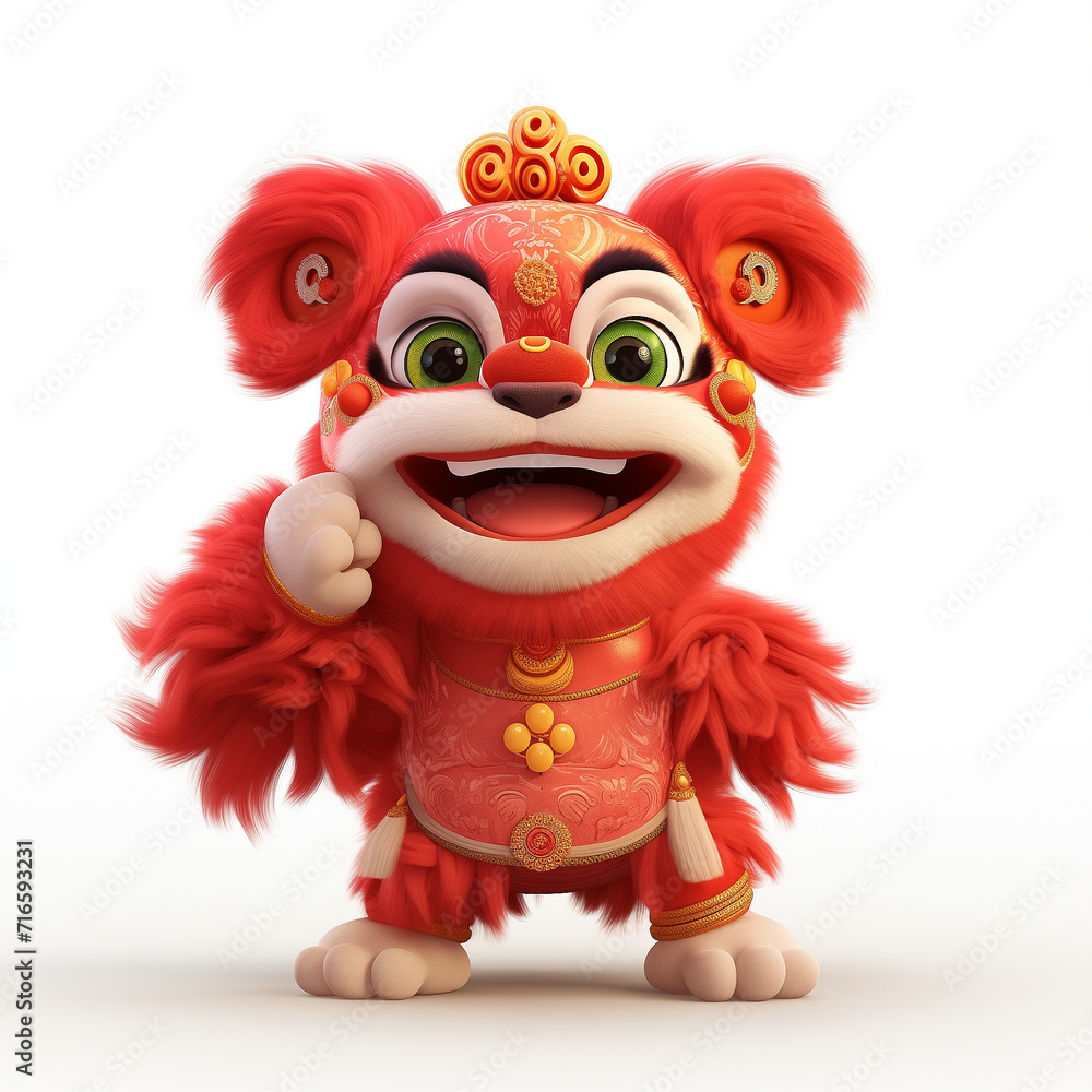 Red lion Chinese style on white background, wear the red shirt, cute lion smile, red hair, GenerativeAI Red lion Chinese style on white background, wear the red shirt, cute lion smile, red hair, GenerativeAI