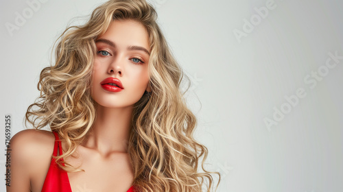 Fashion, cosmetics and makeup, beautiful woman hair coloring in ultra blond. Stylish girl hairstyle curls done in a beauty salon.