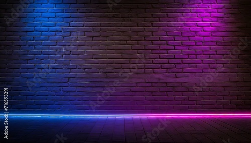 black brick wall background with neon lighting effect pink purple and blue glowing lights on empty brick wall background