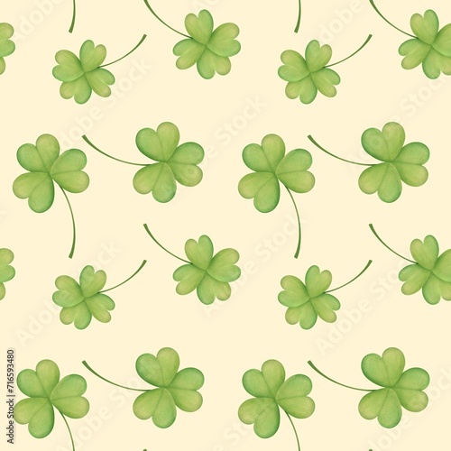 hand drawn watercolor illustration with four-leaf clover background. symbol of good luck, the Irish holiday of St. Patrick's Day on March 17th. seamless pattern