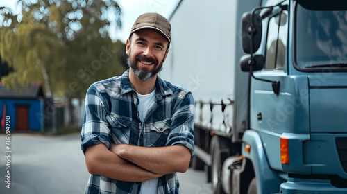 Satisfied Truck Driver Standing with Confidence in Front of Truck