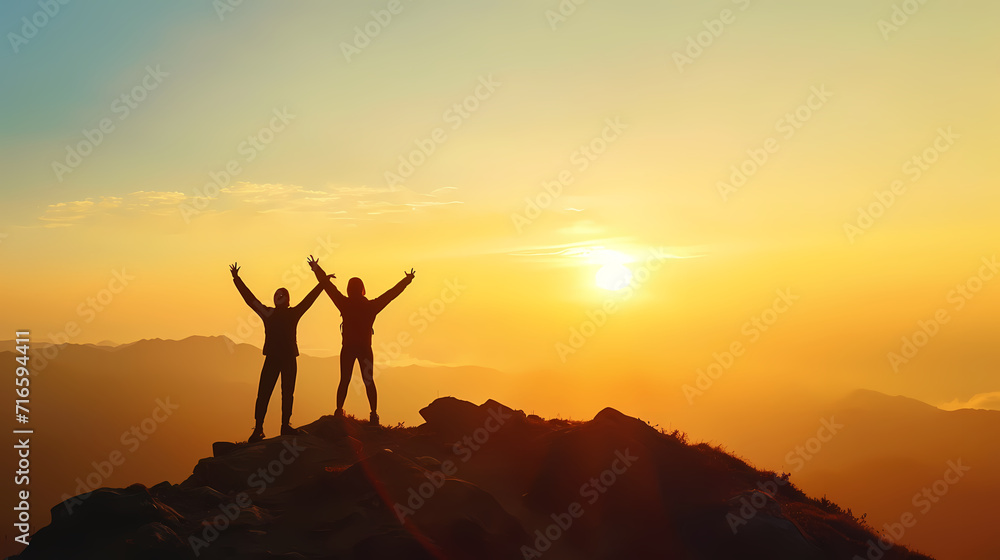 Victory Pose Silhouettes on Mountain Crest During Sunrise