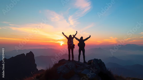Silhouettes of Two People with Arms Raised on Mountain Top at Sunrise