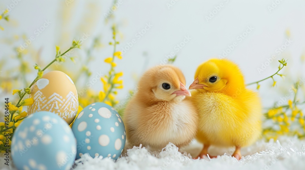 Easter composition with a soft chick stands among speckled Easter eggs nestled in white spring flowers, with a tranquil white backdrop. Easter card with copy space