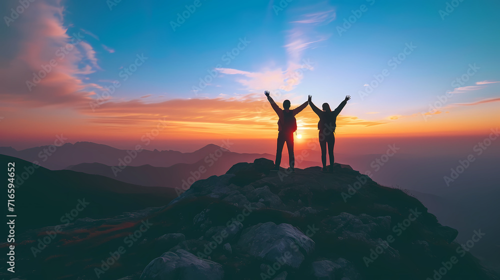 Silhouettes of Two People with Arms Raised on Mountain Top at Sunrise