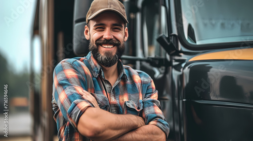 Professional Driver Standing Confidently Next to His Parked Truck photo