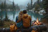 a couple in love sitting by the fire with a view of the mountains