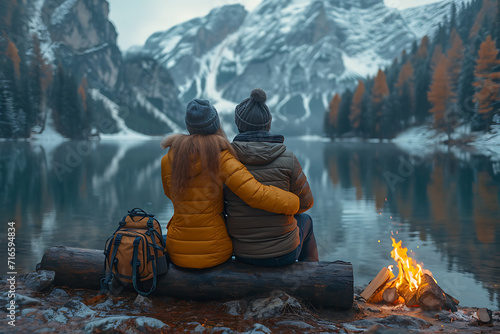 a couple in love sitting by the fire with a view of the mountains