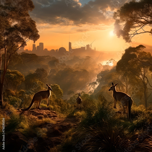 Panoramic view with leaping kangaroos against a backdrop of desert Lex and tall green eucalyptus trees in a golden sunset. Australian nature. Wildlife documentaries photo