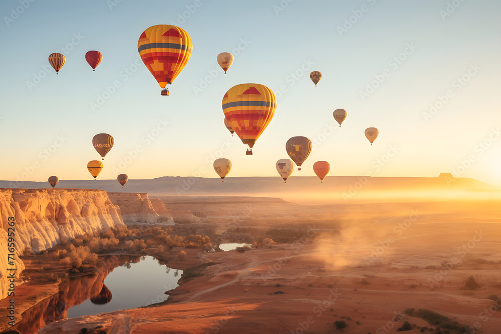 Colorful hot air balloons flying over landscape. Sky adventure travel.