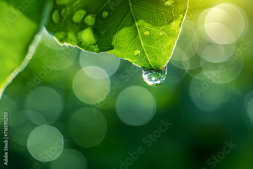 A water droplet about to fall from a green leaf. generative AI