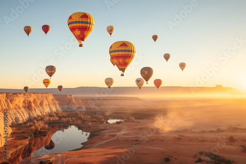 Colorful hot air balloons flying over landscape. Sky adventure travel.